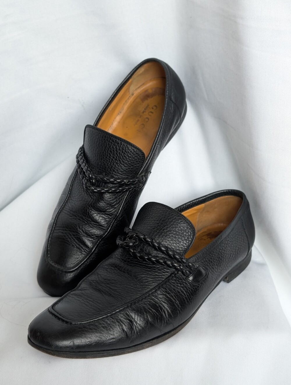 Gucci Men’s Black Leather Braided Loafers Slip On Shoes Made in Italy Size 10.5